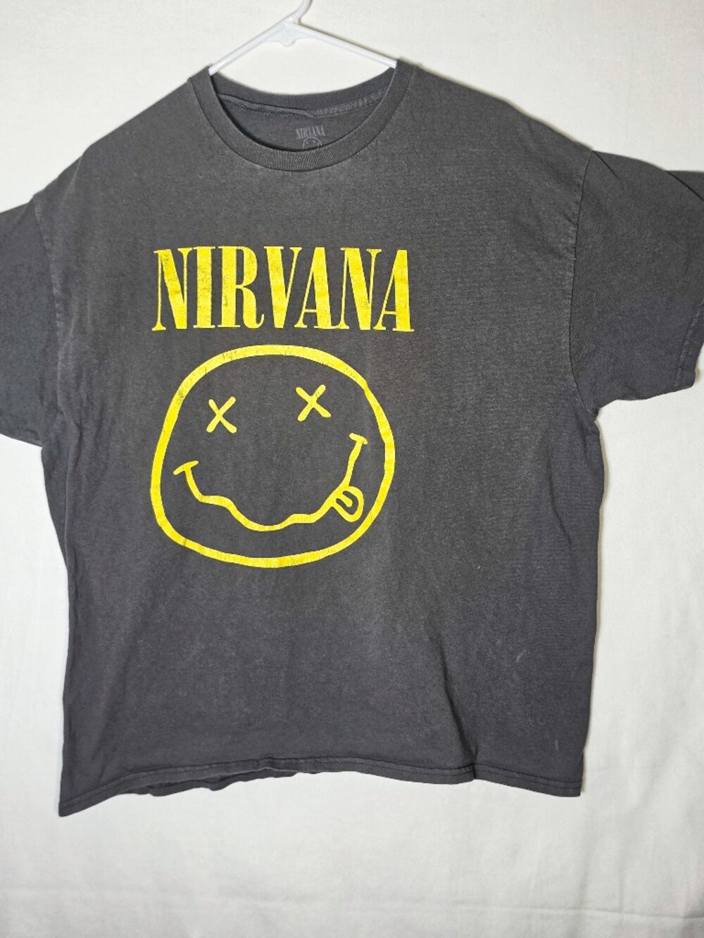 Nirvana Smiley Face Graphic T-Shirt XL Charcoal Gray Acid Wash Vintage Style Tee